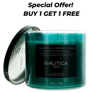 NAUTICA Coastal Breeze Coconut Aqua 3-Wick Soy Candle 14.5oz ~ Buy 1 Get 1 FREE!